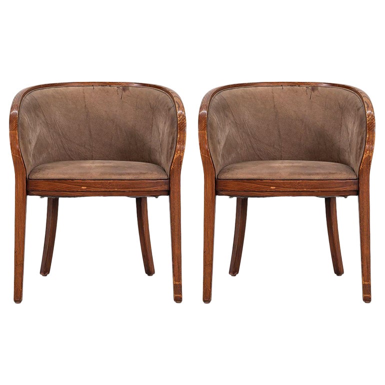 1980s Pair of Ward Bennett for Brickel Associates Yoke Chairs in Oak and Suede