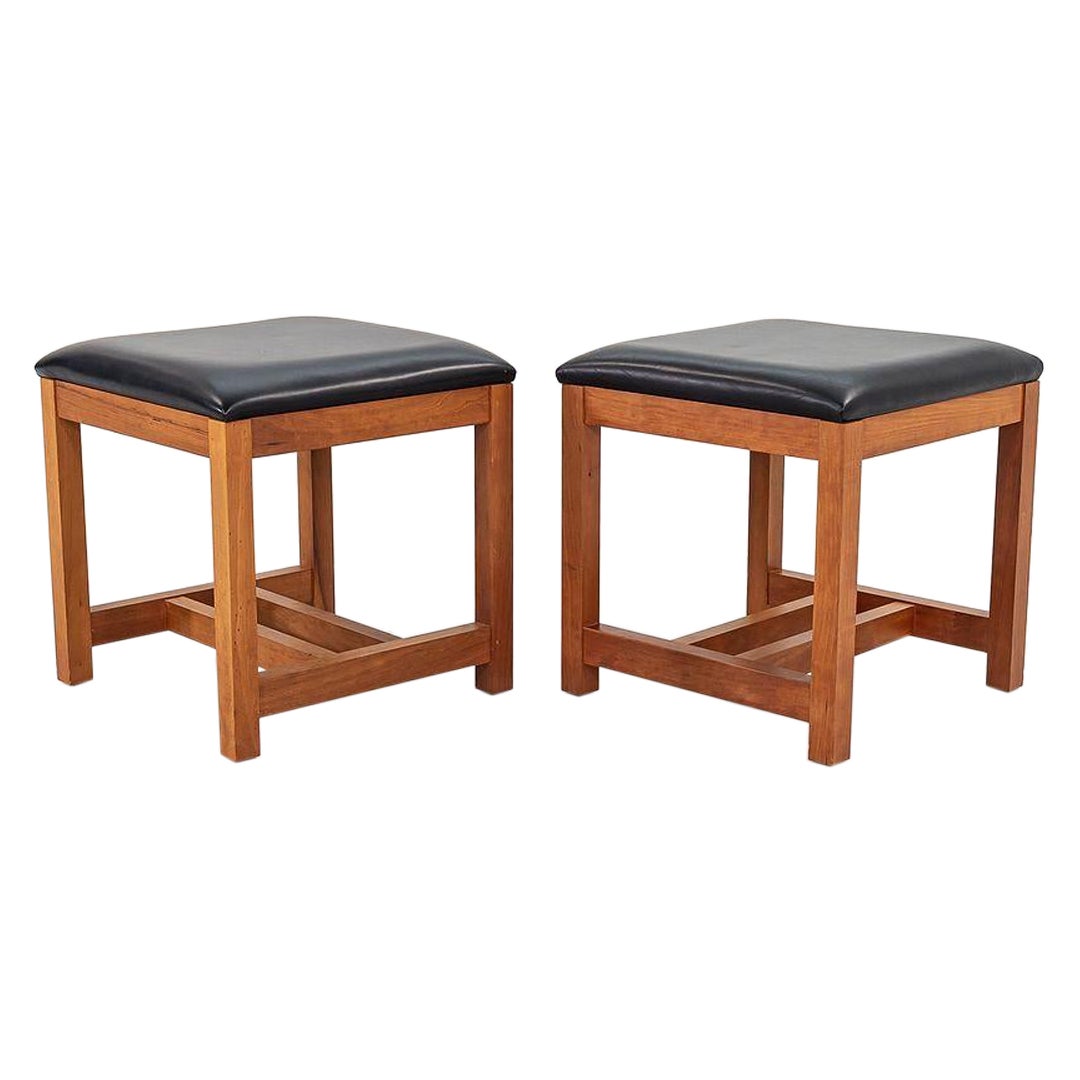 1990 Thomas Moser Mission Style Stool in Solid Cherry and Black Leather