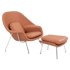 1990er Jahre Eero Saarinen Womb Chair und Ottomane aus neuem cognacfarbenem Leder Modell 70L & 74Y