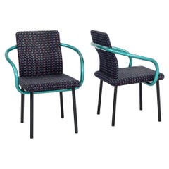 1991 Ettore Sottsass Chaises de salle à manger Mandarin en sarcelle avec tapisserie à motifs multiples
