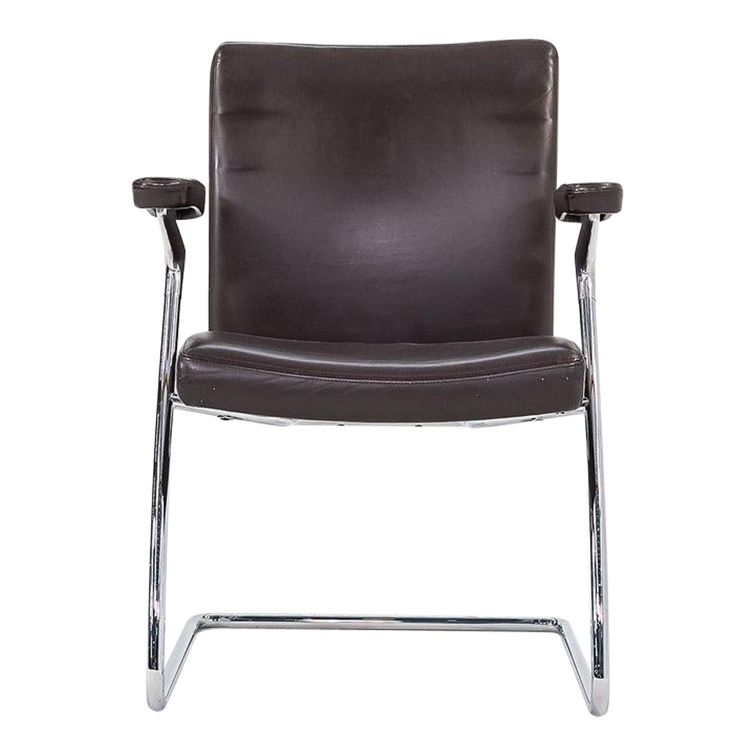 2003 Walter Knoll Art Collection Dining Side Arm Chairs in Steel & Brown Leather