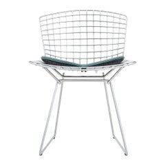 2010s Harry Bertoia Dining Side Chair in Satin Chromed-Steel w/ Blue Pad