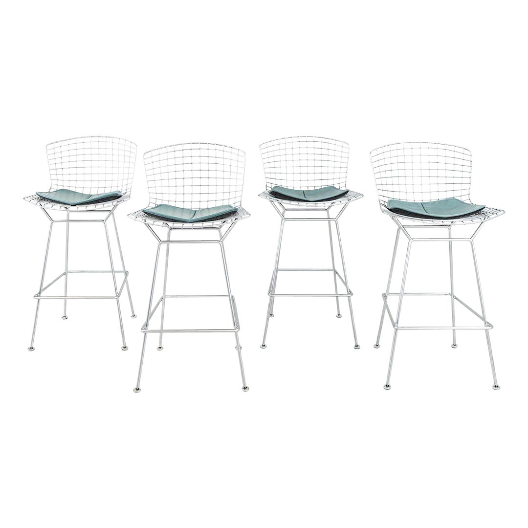 2010s Knoll Bertoia Bar Stools in Satin Chrome w/ Blue Seats