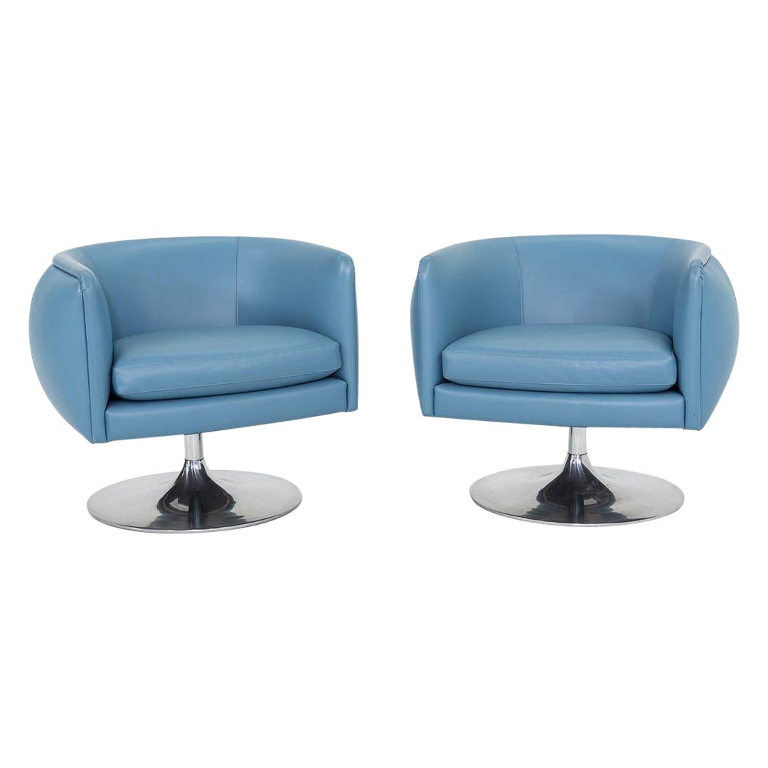 2010s Joe D'Urso for Knoll Swivel Lounge Chairs in Blue Leather Model 2165