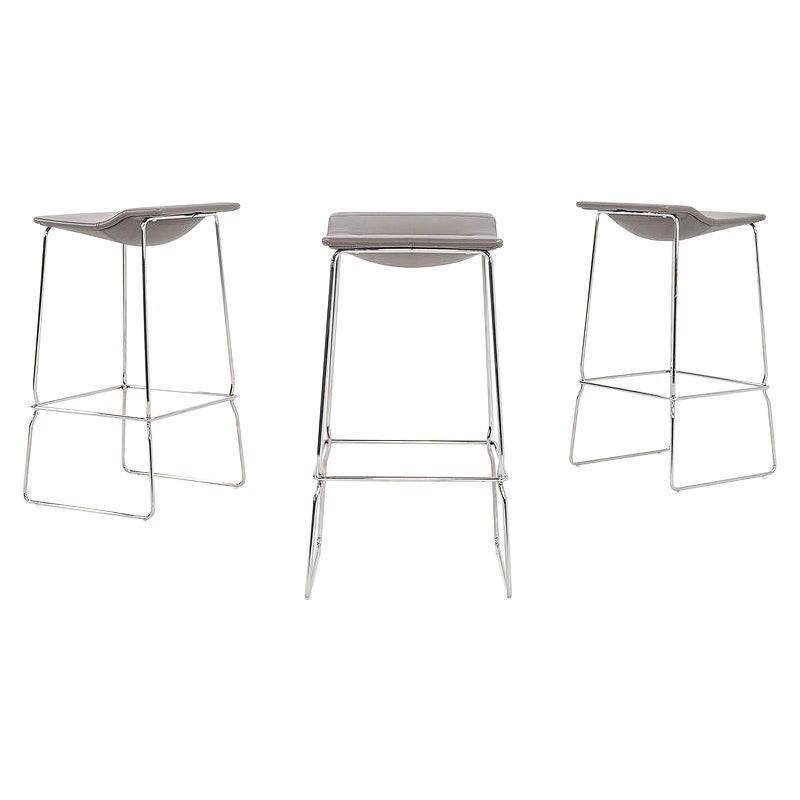 2010s Set of Three Last Minute Stitched Grey Leather and Steel Bar Stools