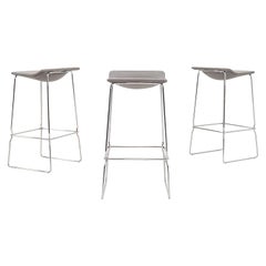 2010s Set of Three Last Minute Stitched Grey Leather and Steel Bar Stools
