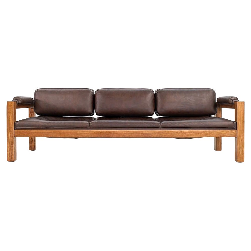 C. 1975 Warren Platner for CI Designs Three-Seat Sofa in Oak and Brown Leather