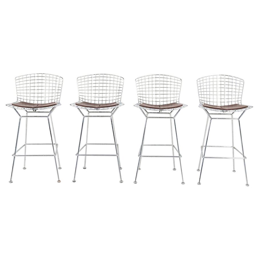C. 2009 Harry Bertoia for Knoll Chrome Bar Stools w/ Brown Leather Pads
