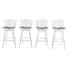 C. 2009 Harry Bertoia for Knoll Chrome Bar Stools w/ Brown Leather Pads