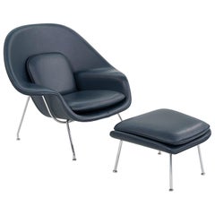 C. 2019 Eero Saarinen for Knoll Womb Chair and Ottoman in Blue Leather