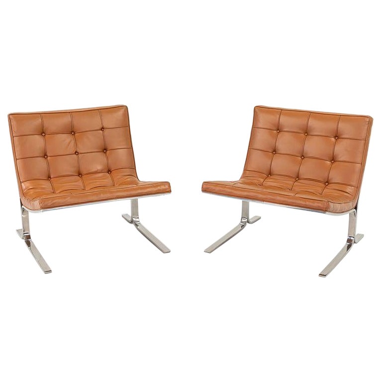 Pair of 1960s Nicos Zographos CH28 Ribbon Chairs in Caramel Leather