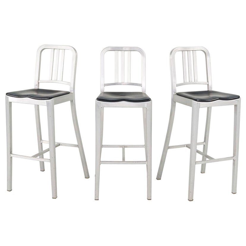 Set of Three 2018 Emeco Navy Bar Stools w/ Seat Pads in Brushed Aluminum