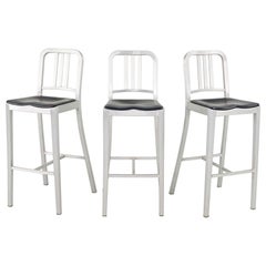 Set of Three 2018 Emeco Navy Bar Stools w/ Seat Pads in Brushed Aluminum