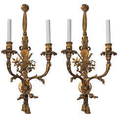 Outstanding Pair French Gilt Bronze Musical Instrument & Tassel Floral Sconces