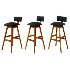 Danish Modern Teak Counter Height Stools in black fabric