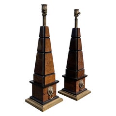 Maitland Smith Penshell Obelisk Brass Lion Head Accent Table Lamps - a Pair