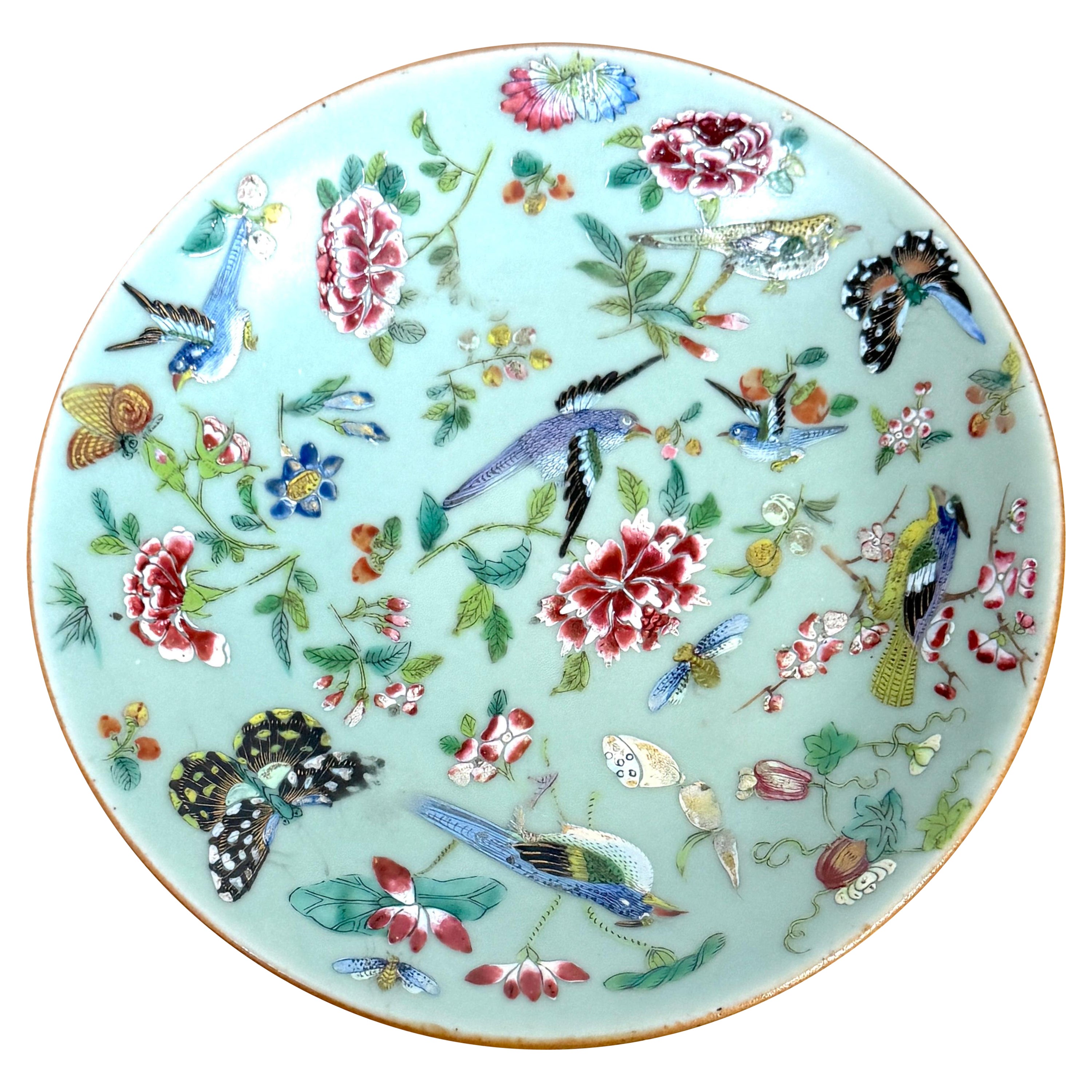 19th Century Chinese Export Celadon Plate with Enamel Decoration