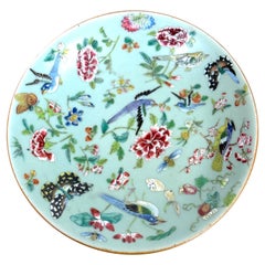 19th Century Chinese Export Celadon Plate with Enamel Decoration