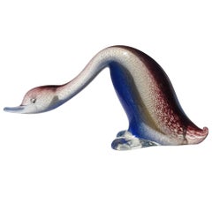 Seguso Murano bleu violet mouchetures d'or verre d'art italien canard oiseau sculpture