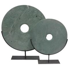 Set of Two Turquoise Jade Discs on Stands Sculptures, China, Contemporary