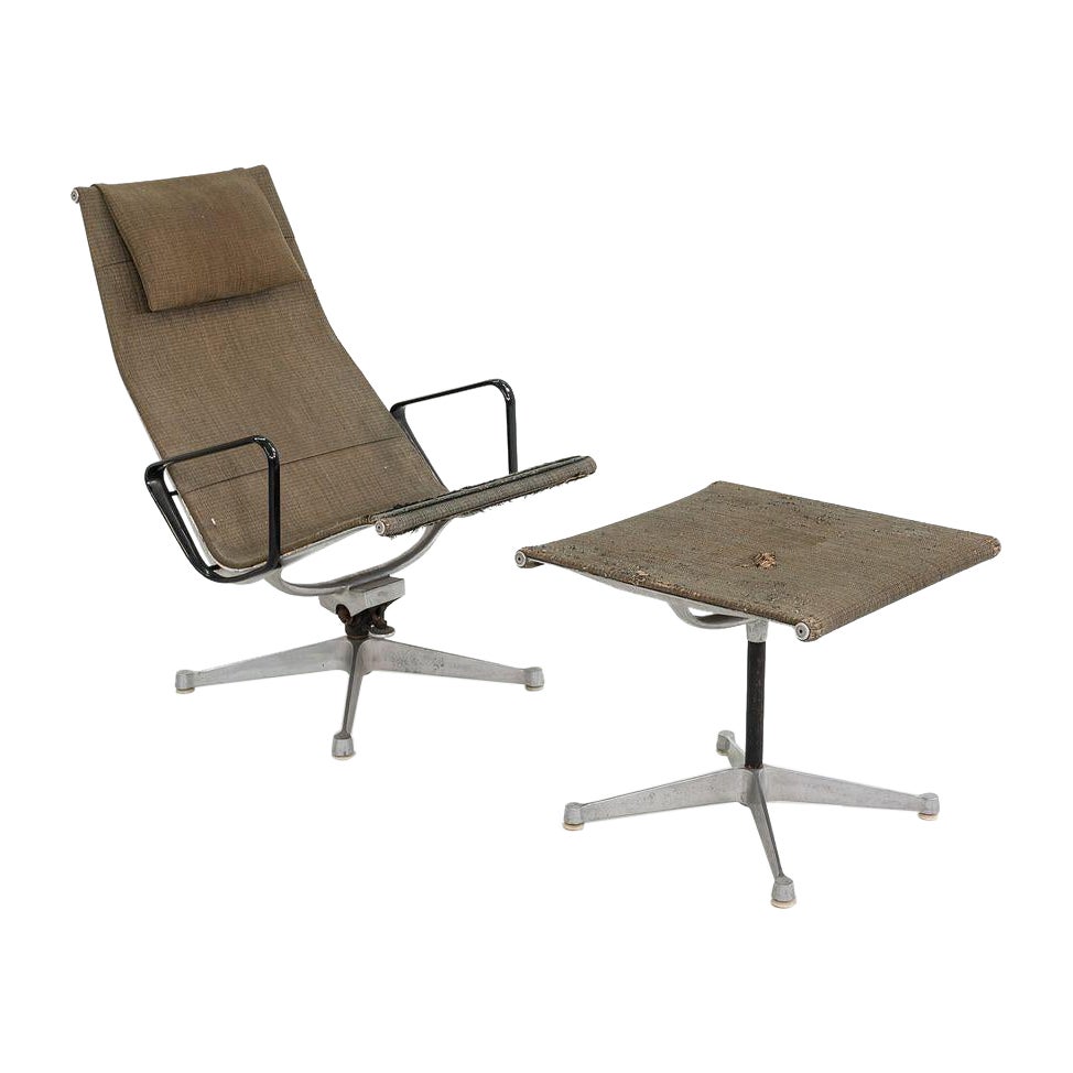 1958 Eames Aluminum Group Lounge Chair and Ottoman in Rare Saran Fabric For Sale