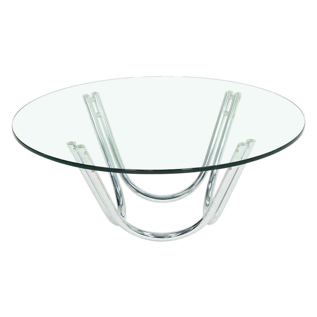1970er Runder Couchtisch aus verchromtem Stahl und Glas, Roger Sprunger zugeschrieben