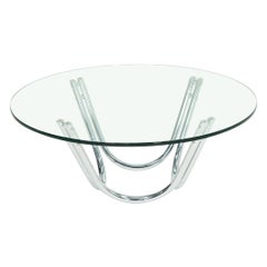 Table basse ronde en acier chromé et verre des années 1970 attribuée à Roger Sprunger