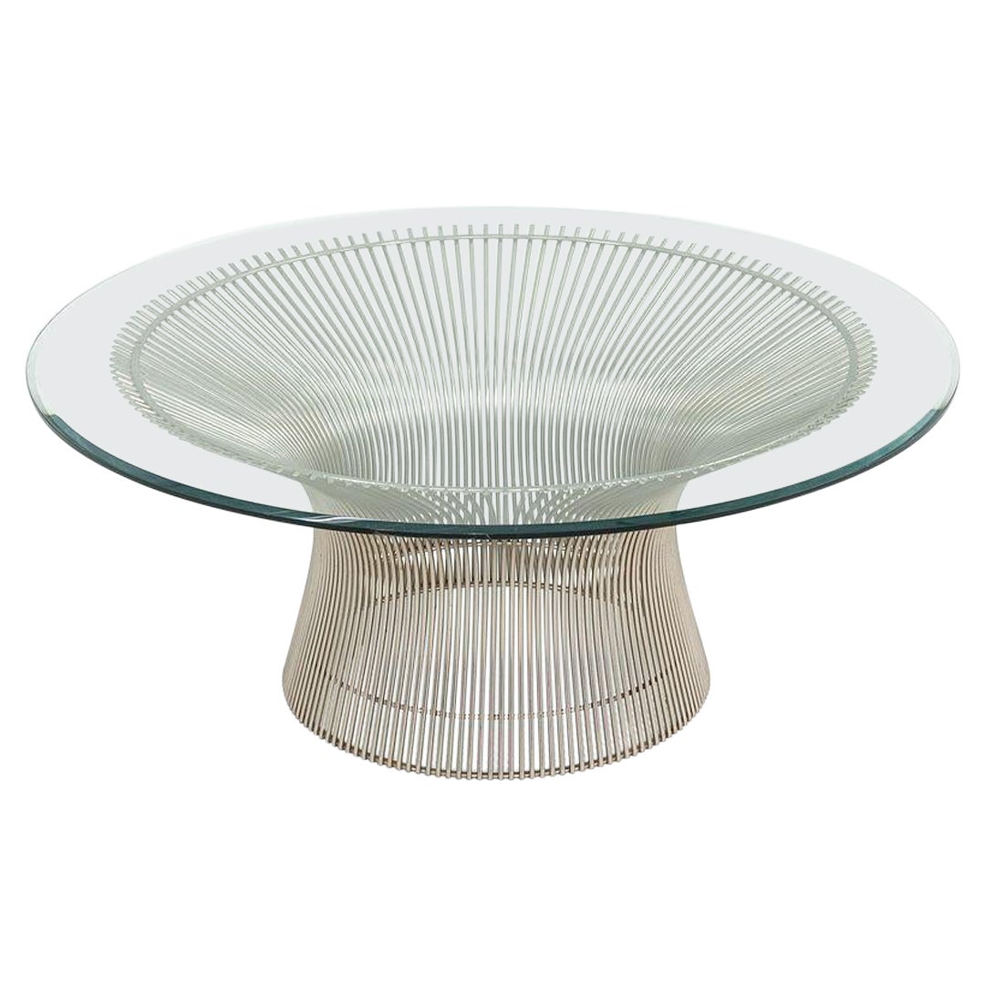Tavolino da caffè rotondo anni '70 Warren Platner per Knoll da 36 pollici in acciaio e vetro