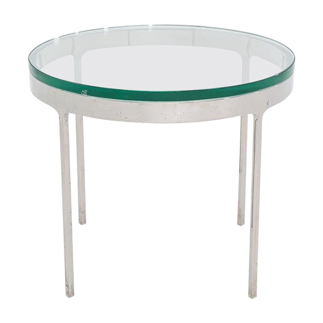 Mesa auxiliar redonda Nicos Zographos TA.20G de los años 80 en acero inoxidable pulido con tapa de cristal