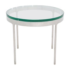 Mesa auxiliar redonda Nicos Zographos TA.20G de los años 80 en acero inoxidable pulido con tapa de cristal