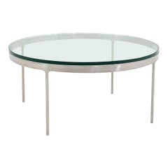 1995 Nicos Zographos Runder Couchtisch aus Edelstahl mit Glasplatte 36"