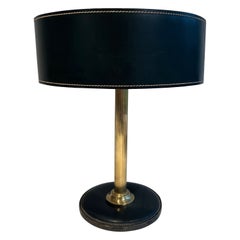 Black Leather and Brass Desk Lamp in the Style of Jacques Adnet