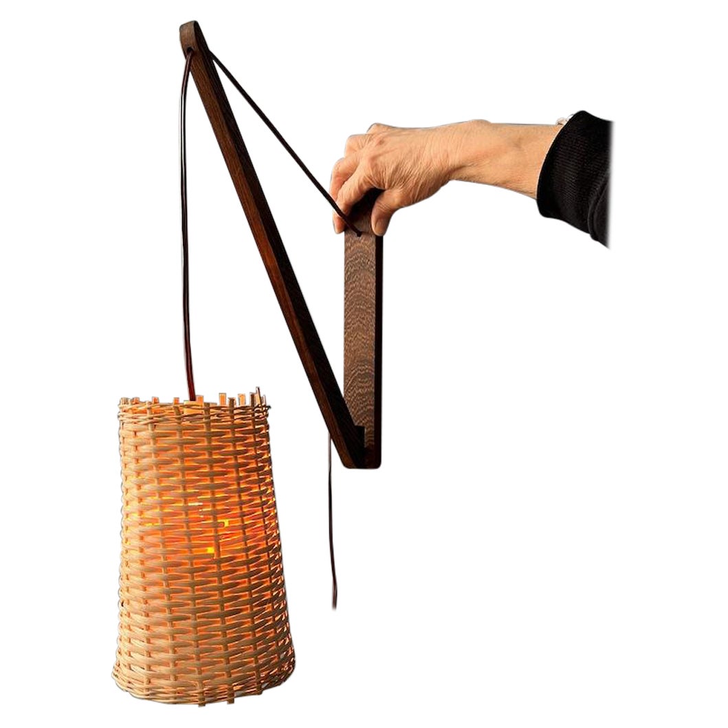 Mid Century Danish Teak Wood Fishing Rod Wall Lamp with Reed Shade, 1970's