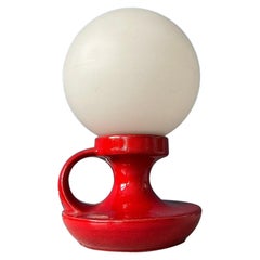 Red Mid Century West Germany Ceramic Table Lamp with White Opaline Glass Shade