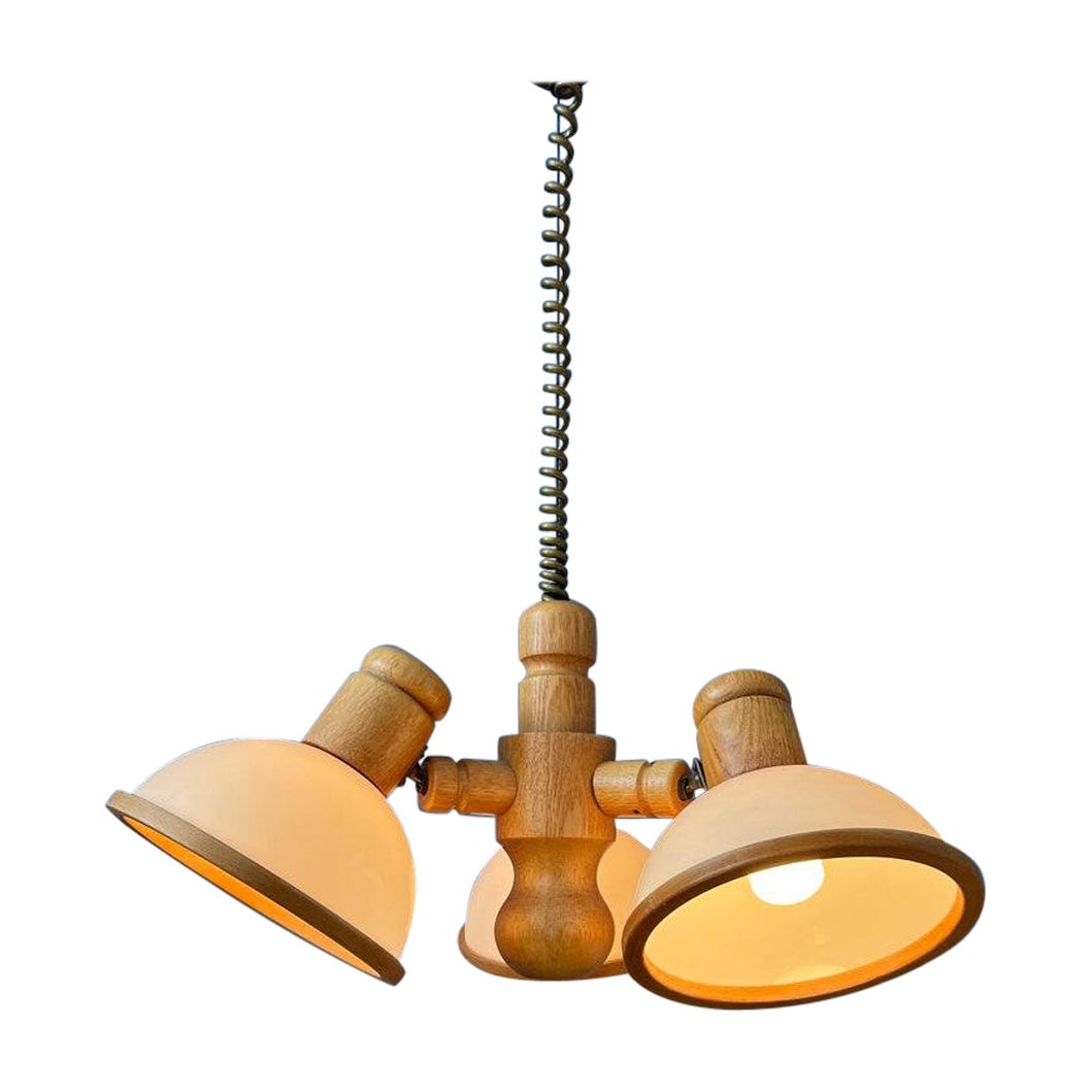Mid Century Wooden Steinhauer Chandelier Pendant Lamp w/ Plexiglass Shade, 1970s