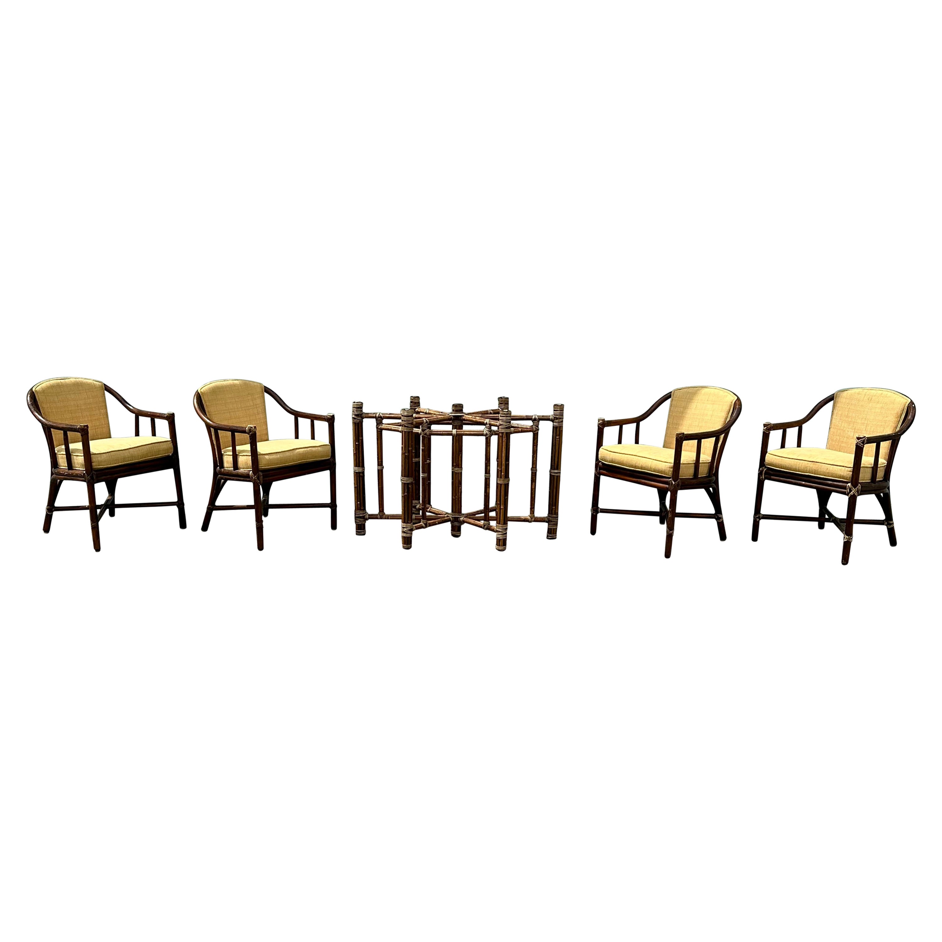 1980s McGuire Rattan Barrel Cane Back Dining Chairs and Table, Set of 5