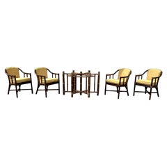 1980er McGuire Rattan-Esszimmerstühle und Tisch mit Fassschilfrohrrückenlehne und Tisch, 5er-Set