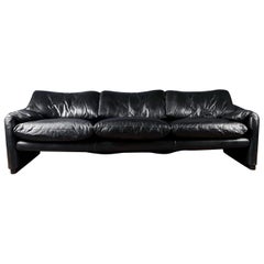 Maralunga Black Leather Three Seater Sofa Vico Magistretti Cassina Mid Century