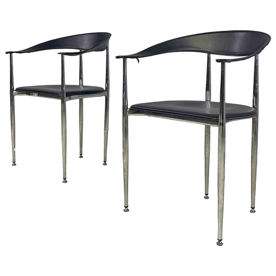 Italian modern black leather and chromed steel cockpit chairs, 1970s