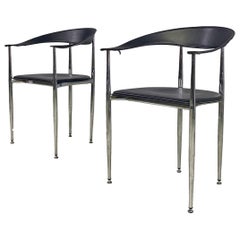Sillones de bañera modernos italianos de cuero negro y acero cromado, años 70