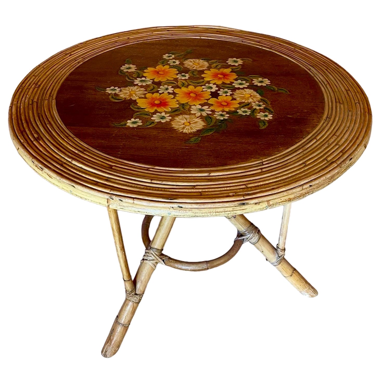 Table en bambou avec fleurs et enseigne en rotin d'exception, France, années 1960 en vente