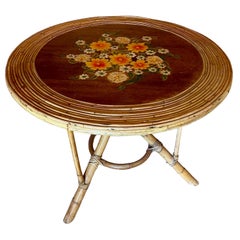 Table Bamboo with Rattan exceptionnal paint flowers and sign, french 1960s