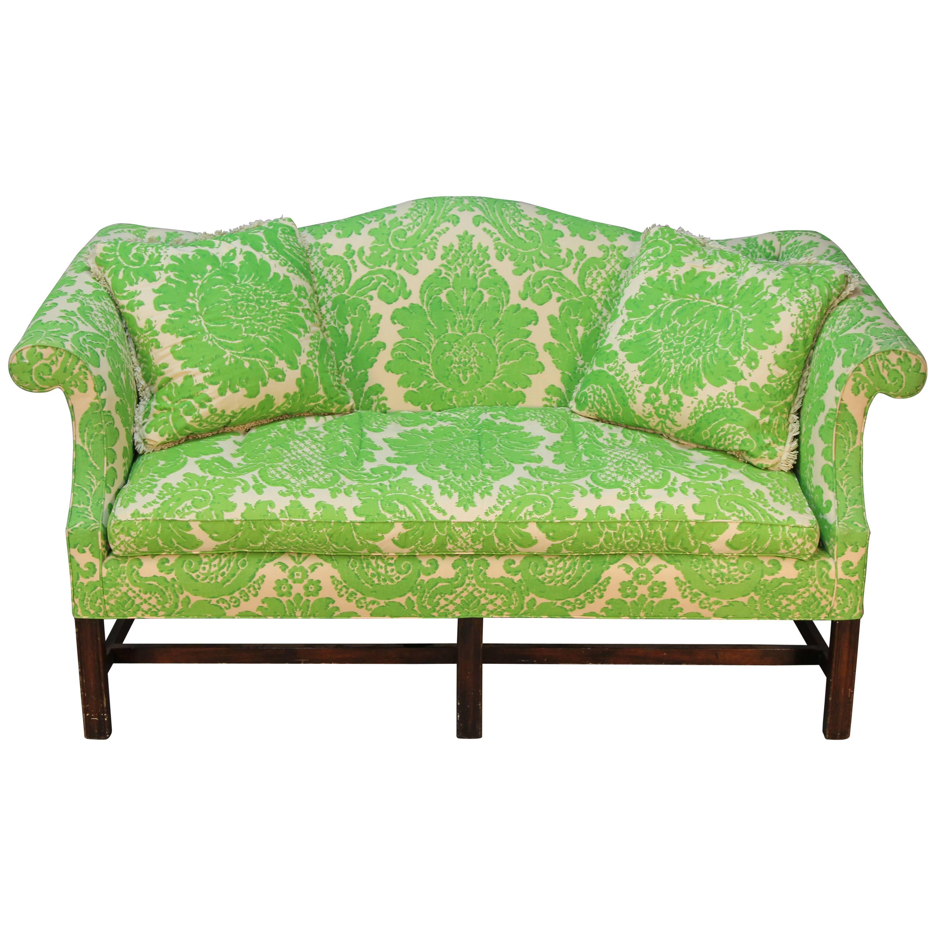 Vintage Camelback Sofa with Green Printed Upholstery For Sale