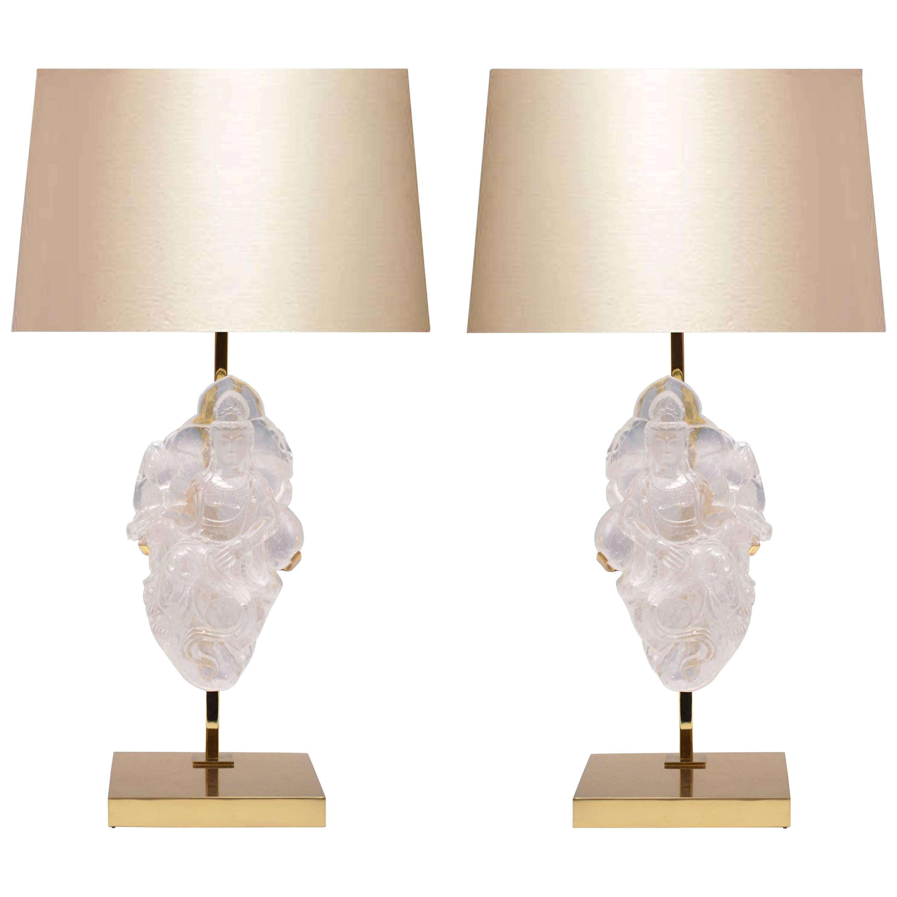 Pair of Fine Carved Rock Crystal Quartz Lamps
