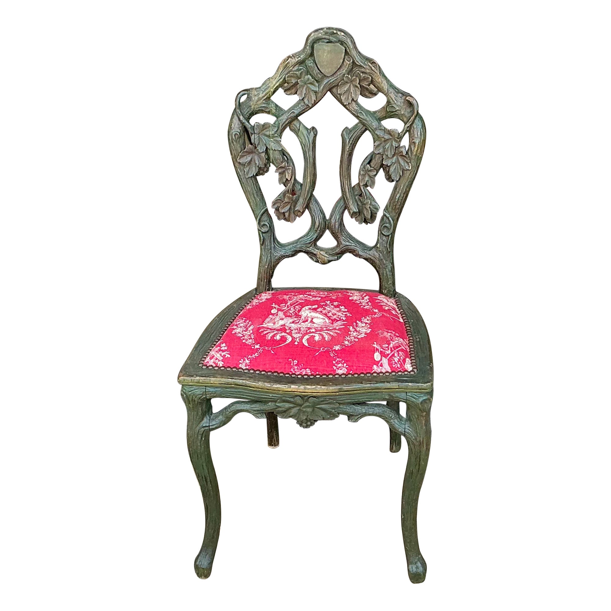 19ème siècle. Chaise d'appoint sculptée en Black Forest, peinte en vert, en lin Toile de chien en vente