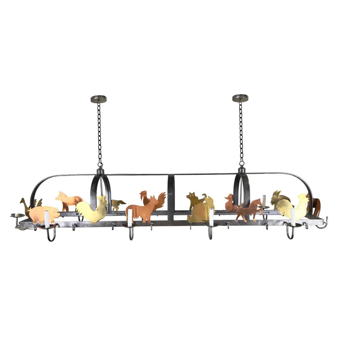 French Hanging Iron Pot & Pan, Farm Animal Figures Chandelier, Pendant, 10 bulbs For Sale