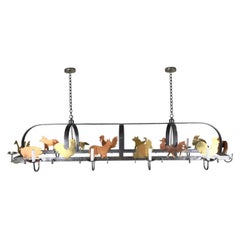 Used French Hanging Iron Pot & Pan, Farm Animal Figures Chandelier, Pendant, 10 bulbs