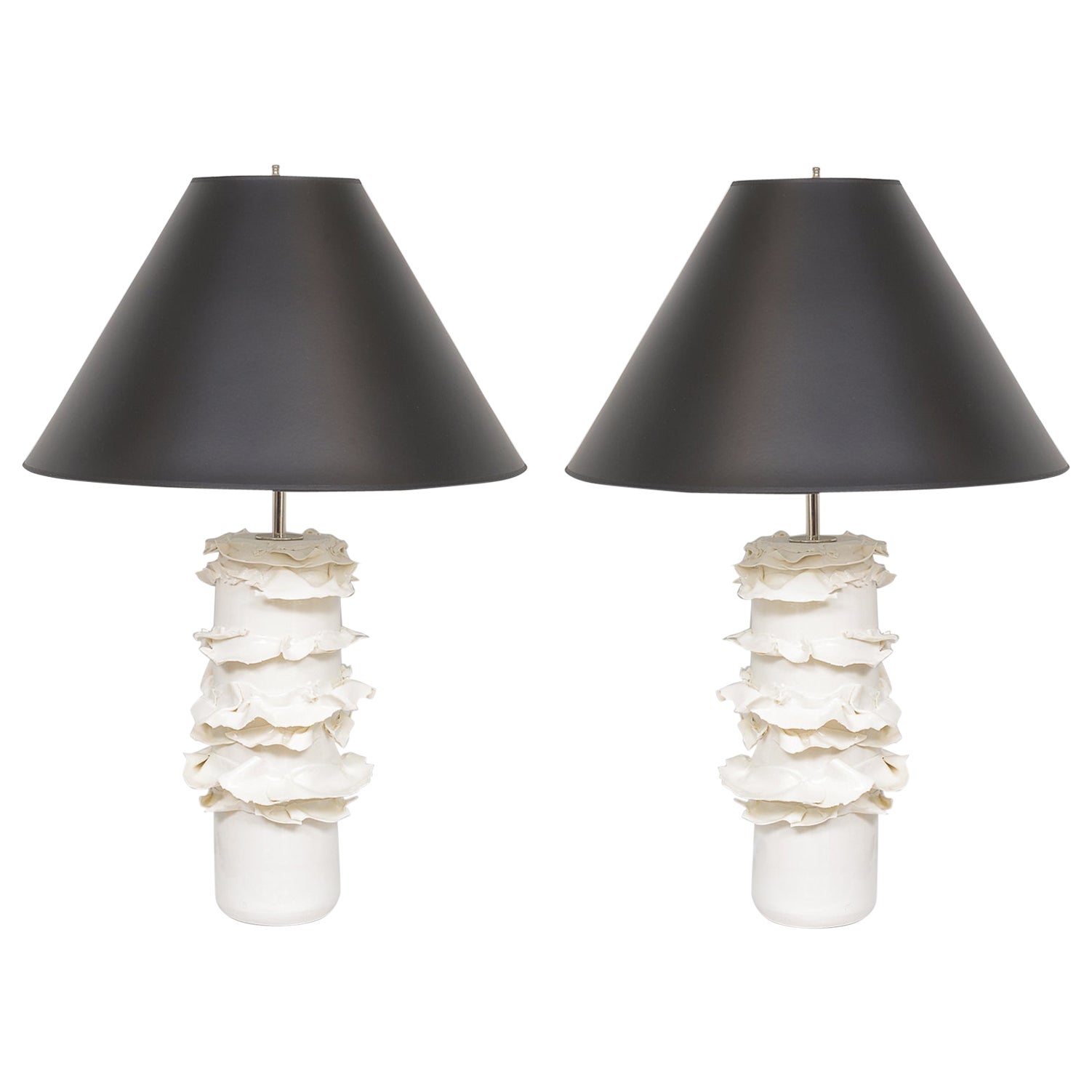 Pair of French Bespoke Glazed Porcelain Swirl Lamps