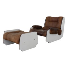 Fratelli Reguitti Style Brown Leather and Panel Framed Lounge Chair and Ottoman