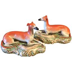 Antique Pair of Staffordshire Reclining Greyhound Dogs